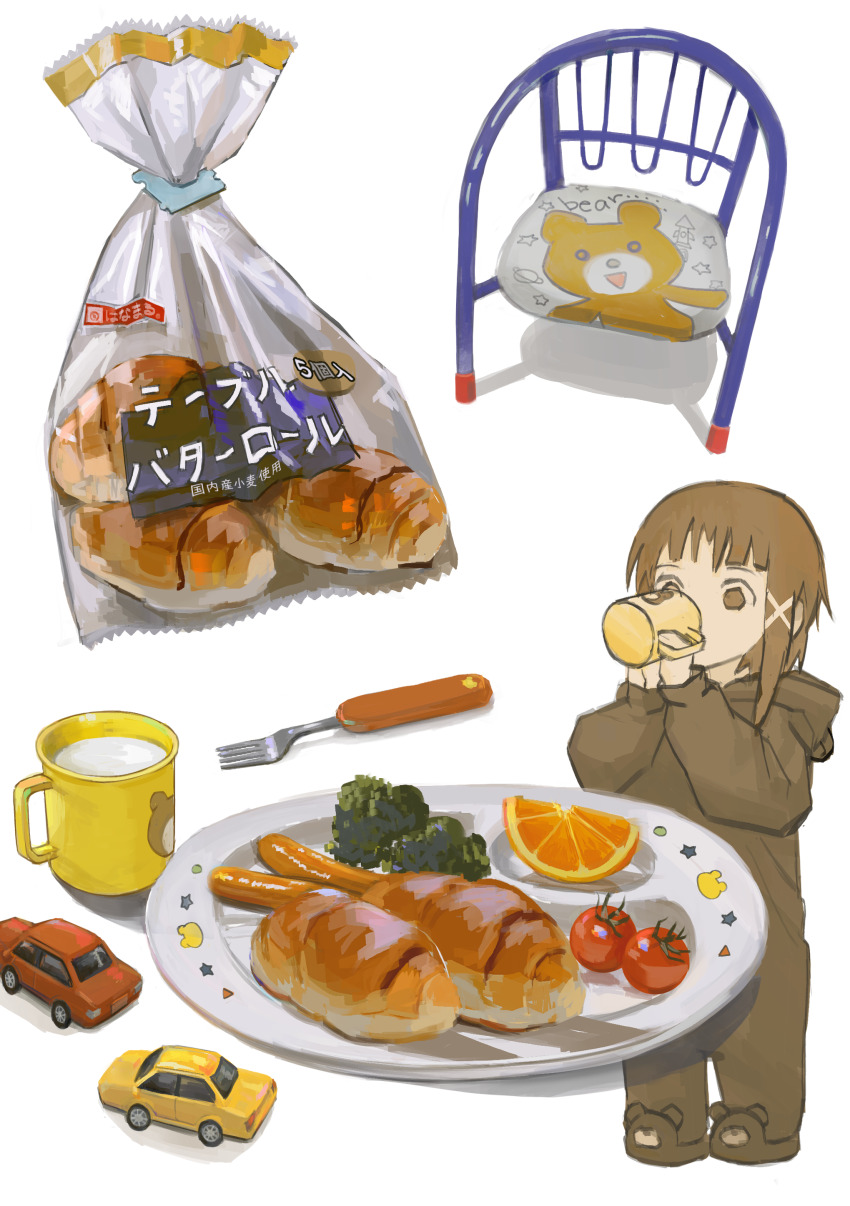 1girl absurdres animal_slippers bread broccoli brown_eyes brown_hair chair commentary cup drinking food fork fruit hair_ornament highres holding hood hood_down iwakura_lain long_sleeves orange_(fruit) orange_slice sausage serial_experiments_lain short_hair simple_background single_sidelock slippers solo standing tomato toy_car white_background wod x_hair_ornament
