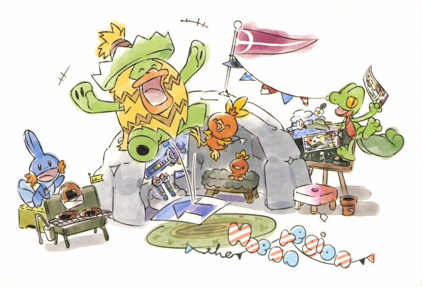 absurdres arrow_(symbol) chalkboard closed_eyes creatures_(company) english_text eon_ticket flag flower food game_freak gen_3_pokemon highres jewelry jumping lava_cookie ludicolo midair mizutani_megumi mudkip necklace nintendo no_humans official_art open_mouth outstretched_arms pokeblock_case pokemon pokemon_(creature) pokemon_focus pokemon_rse rug simple_background smile spread_arms starter_pokemon_trio stool stuffed_toy third-party_source ticket torchic treecko white_background white_flower wingull