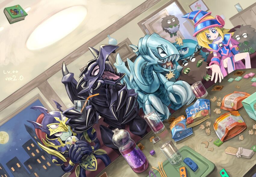 armor black_luster_soldier blonde_hair blue-eyes_toon_dragon blue-eyes_white_dragon closed_eyes dark_magician_girl dragon eating floating highres kuriboh red-eyes_black_dragon red-eyes_toon_dragon sharp_teeth teeth toon_black_luster_soldier toon_dark_magician_girl yu-gi-oh!