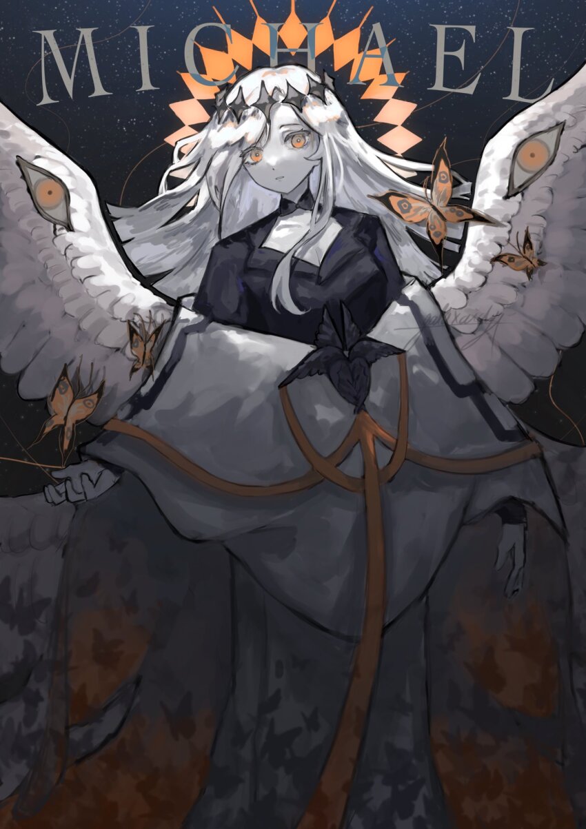 1girl angel angel_wings black_dress bug butterfly dress extra_eyes galaxaidy highres insect long_dress looking_at_viewer michael_(crrn) orange_eyes original solo white_dress wings