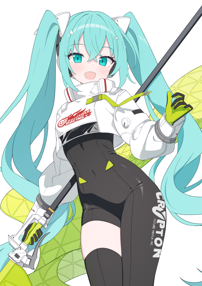 1girl absurdres black_bodysuit black_gloves black_thighhighs blue_eyes blue_hair bodysuit catyu commentary cropped_jacket english_text fang fang_out flag gloves goodsmile_company goodsmile_racing hatsune_miku highres holding holding_flag jacket looking_at_viewer official_alternate_costume open_mouth polearm racing_miku racing_miku_(2022) racing_suit simple_background single_thighhigh skin_fang thighhighs twintails two-tone_gloves vocaloid weapon white_background white_jacket