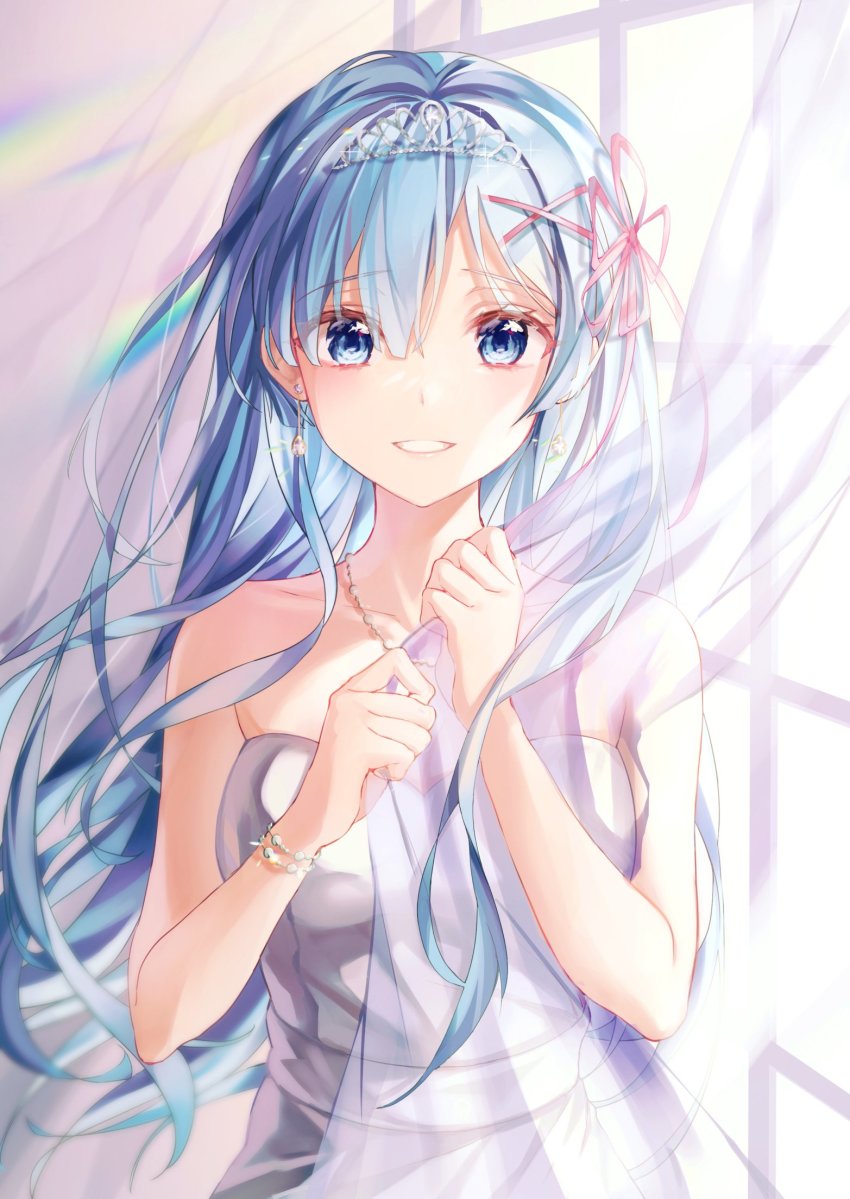 alternate_hair_length alternate_hairstyle blue_eyes blue_hair bracelet breasts curtain_grab curtains dress earrings hair_between_eyes hair_ornament hair_over_one_eye hair_ribbon highres holding jewelry medium_breasts nagul necklace pearl_bracelet pearl_necklace pink_ribbon re:zero_kara_hajimeru_isekai_seikatsu rem_(re:zero) ribbon smile solo tiara upper_body wavy_hair white_dress x_hair_ornament