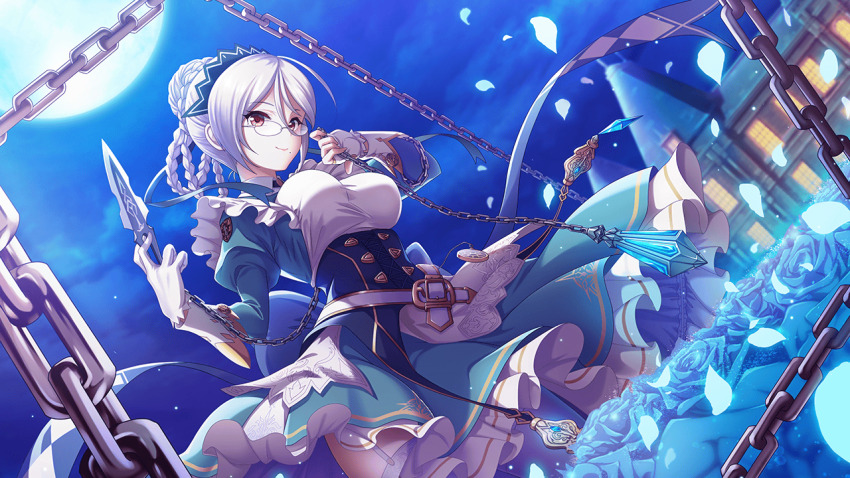 1girl anchor apron ball_and_chain_restraint bdsm black-framed_eyewear bound braid breasts broken broken_chain chain chain_necklace chained clock closed_mouth cloud collar corset cross cuffs deep_one_kyomu_to_mugen_no_fragment dress falling_leaves falling_petals feathers flail flower frills full_moon glasses gloves gold_chain handcuffs hook horyi_(deep_one) jewelry key knife large_breasts leaf leash long_sleeves looking_at_viewer maid maid_headdress metal_collar moon moonlight necklace night night_sky non-web_source outdoors petals petals_on_liquid pocket_watch prison_clothes puffy_sleeves red_eyes restrained rose rose_petals round_eyewear semi-rimless_eyewear shackles sickle sky slave smile solo star_(sky) starry_sky swing twin_braids under-rim_eyewear viewer_holding_leash watch weapon white_gloves white_hair wind