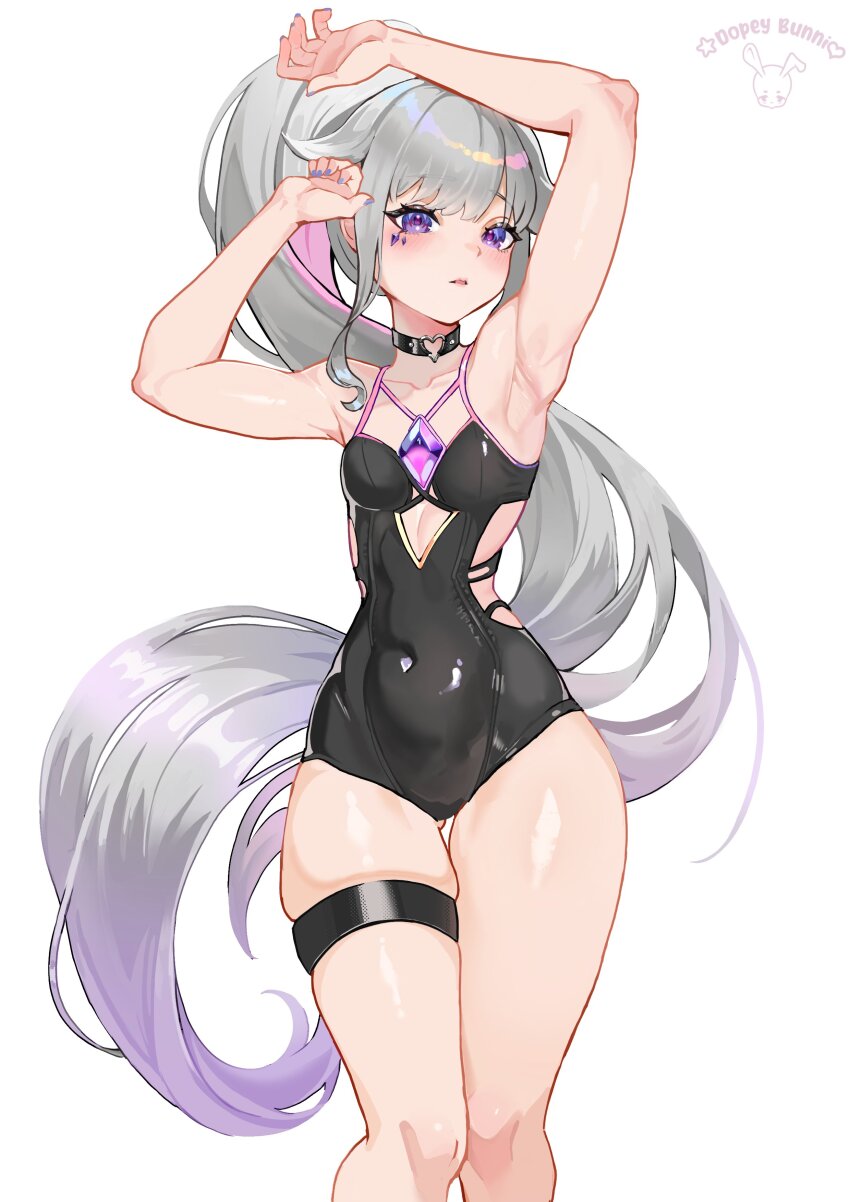 1girl absurdres arm_up armpits black_one-piece_swimsuit breasts choker commentary dopeybunni english_commentary gem gradient_hair heart heart_choker high_ponytail highres hololive hololive_english koseki_bijou long_hair multicolored_hair one-piece_swimsuit pink_hair ponytail purple_eyes purple_gemstone purple_hair simple_background small_breasts solo swimsuit very_long_hair virtual_youtuber white_background