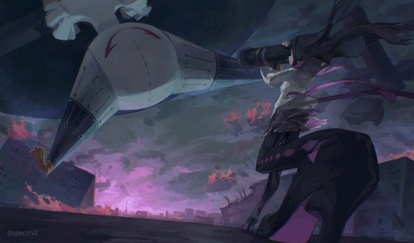 2girls absurdres aiming akemi_homura akemi_homura_(magical_girl) argyle_clothes argyle_footwear back_ribbon black_boots black_hair black_hairband boots capelet city commentary day dress evil_grin evil_smile faceless faceless_female fire floating_clothes floating_hair foreshortening frilled_skirt frills from_behind giant giantess grin hairband high_heel_boots high_heels highres holding_cannon long_hair long_legs long_sleeves magical_girl mahou_shoujo_madoka_magica mahou_shoujo_madoka_magica_(anime) miniskirt multiple_girls on_rooftop outdoors pleated_skirt purple_capelet purple_ribbon purple_skirt railing ribbon skirt smile spectrv2 storm thigh_boots very_long_hair walpurgisnacht_(madoka_magica) white_dress wind witch_(madoka_magica)
