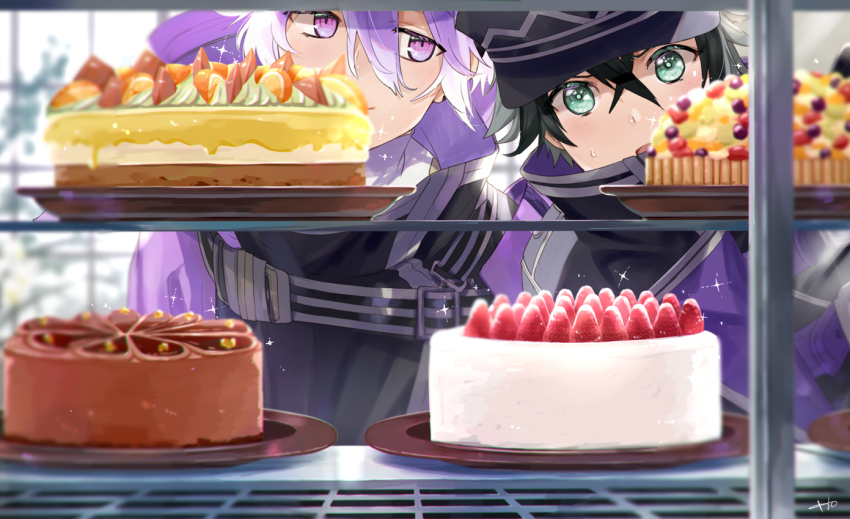 2boys :o armor black_hair black_headwear black_jacket blurry blurry_background cake cheesecake chocolate_cake colored_tips crossed_bangs display_case food fruit fruit_tart green_eyes hat high_collar houhou_(black_lack) jacket japanese_armor leaning_forward looking_at_another looking_at_food male_focus minamoto_kiyomaro multicolored_hair multiple_boys peaked_cap plate purple_eyes purple_hair purple_jacket purple_sleeves shirt short_hair shoulder_armor sideways_glance smile sode sparkle sparkling_eyes strawberry strawberry_shortcake suishinshi_masahide_(touken_ranbu) sweatdrop tart_(food) touken_ranbu turtleneck upper_body whipped_cream white_hair white_shirt window