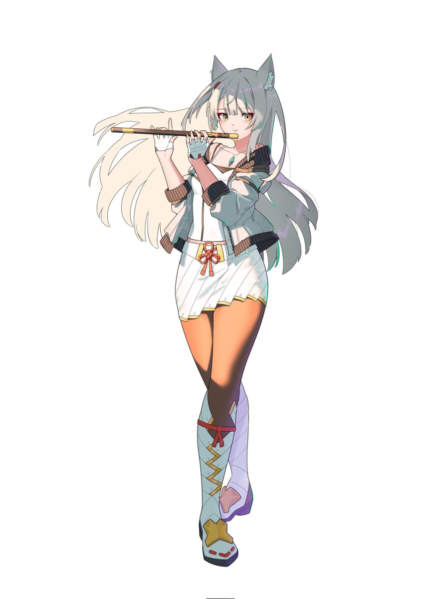 1girl animal_ear_fluff animal_ears camisole cat_ears chest_jewel fingerless_gloves flute gloves grey_hair hehe_jun highres instrument jacket long_hair mio_(xenoblade) pantyhose skirt solo white_camisole white_gloves white_jacket white_skirt xenoblade_chronicles_(series) xenoblade_chronicles_3