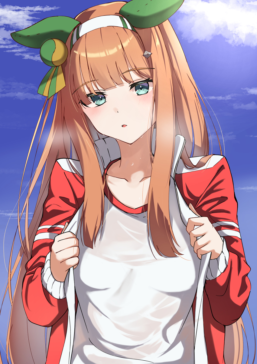 1girl absurdres aqua_eyes blue_sky blush breasts cloud collarbone commentary_request day ear_covers gym_shirt hairband highres horse_girl jacket long_hair looking_at_viewer medium_breasts open_clothes open_jacket orange_hair outdoors pandoa_(mikage0495) see-through_clothes see-through_sleeves shirt silence_suzuka_(umamusume) sky solo sweat tracen_training_uniform track_jacket umamusume upper_body white_hairband white_shirt