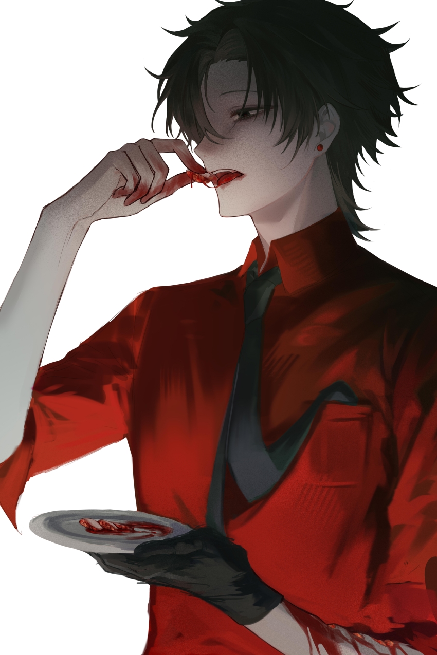 1boy absurdres black_eyes black_gloves black_necktie blood blood_on_arm blood_on_face blood_on_hands breast_pocket brown_hair chinese_commentary collared_shirt commentary_request earrings film_grain gloves highres implied_cannibalism jewelry kc-rk_sl male_focus mole mole_under_eye necktie pocket red_shirt shirt short_hair simple_background sleeves_rolled_up solo stud_earrings touqi_guaitan upper_body white_background zhu_yaoxing