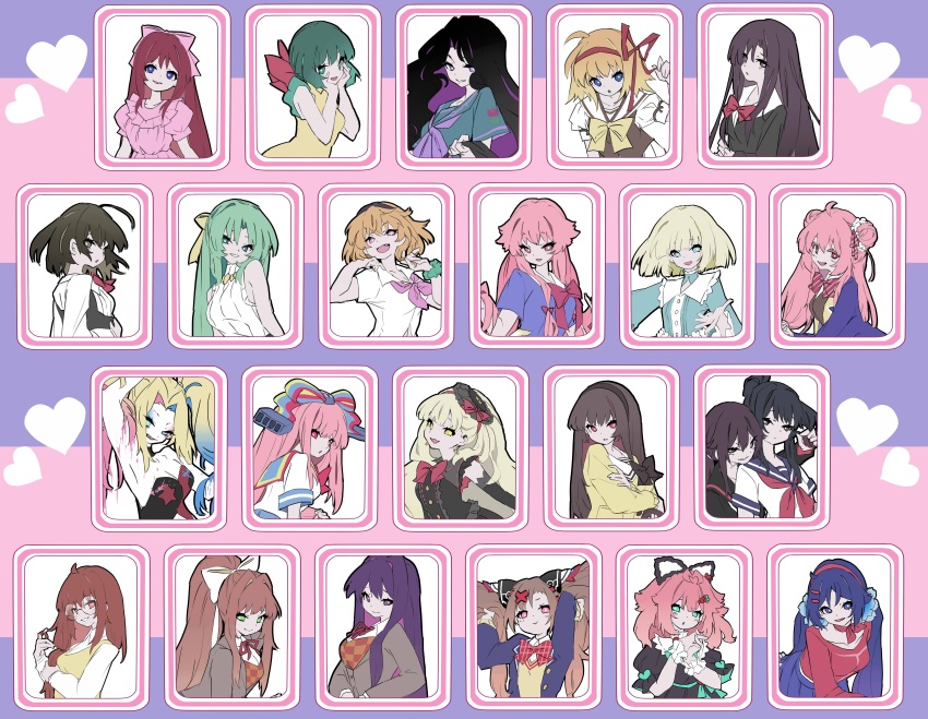 absurdres amagi_yukiko ayano_aishi batman_(series) black_hair blonde_hair blue_hair character_request crazy_mita_(miside) dc_comics diamond_wa_kudakenai doki_doki_literature_club doki_doki_literature_club_school_uniform fate/prototype fate_(series) gasai_yuno giffany glasses gravity_falls green_hair happy_sugar_life harley_quinn highres higurashi_no_naku_koro_ni houjou_satoko jojo_no_kimyou_na_bouken katsura_kotonoha kimi_to_kanojo_to_kanojo_no_koi. koi love_love_school_days mirai_nikki miside mita_(miside) monika_(doki_doki_literature_club) multiple_girls nemesis-chan pink_hair purple_hair sajou_manaka school_days school_uniform sone_miyuki sonozaki_shion tn_scallion yandere yandere_simulator yuri_(doki_doki_literature_club)