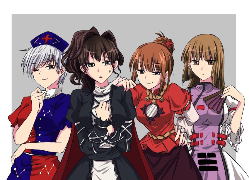 4girls alternate_costume artist_request brown_eyes brown_hair cosplay grey_background grey_hair highres hijiri_byakuren_(cosplay) looking_at_viewer multiple_girls one_eye_closed touhou umineko_no_naku_koro_ni ushiromiya_eva ushiromiya_kyrie ushiromiya_natsuhi ushiromiya_rosa yagokoro_eirin_(cosplay) yakumo_yukari_(cosplay) yasaka_kanako_(cosplay)