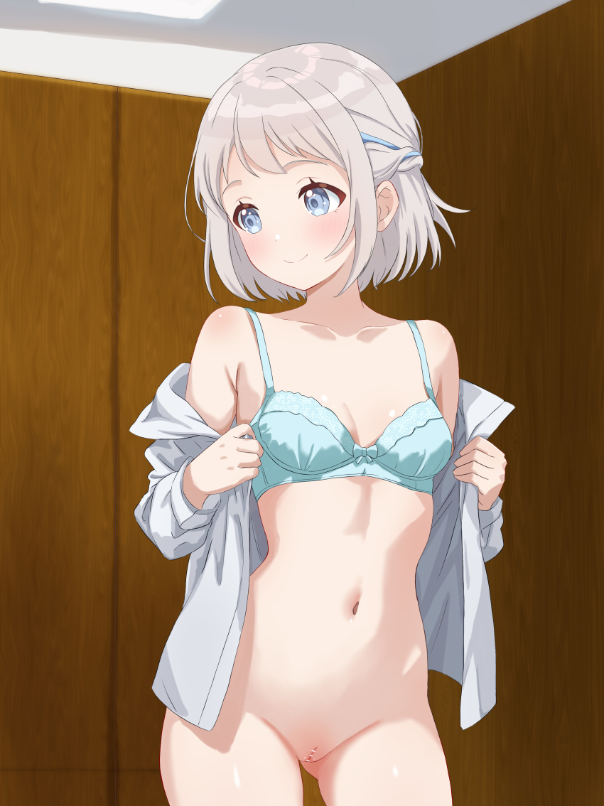 1girl absurdres alpaca_no_otouto aqua_bra armpit_crease bar_censor blue_eyes blue_ribbon blush bottomless bra braid breasts censored cleft_of_venus collarbone gakuen_idolmaster grey_hair groin hair_ribbon half_up_braid highres idolmaster indoors katsuragi_lilja linea_alba looking_to_the_side navel open_clothes open_shirt pussy ribbon ribbon_braid shirt_hold short_hair small_breasts smile solo stomach underwear