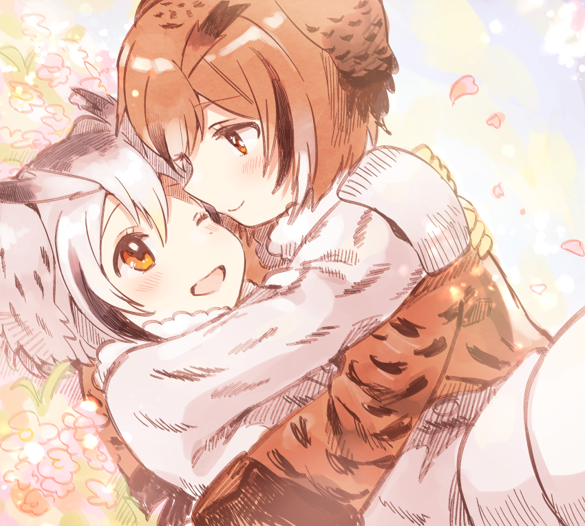 2girls black_hair blush brown_coat brown_eyes brown_hair coat duplicate eurasian_eagle_owl_(kemono_friends) flower fur_collar grey_coat grey_hair head_wings highres hug kemono_friends multicolored_hair multiple_girls northern_white-faced_owl_(kemono_friends) one_eye_closed open_mouth pixel-perfect_duplicate short_hair suicchonsuisui white_hair wings