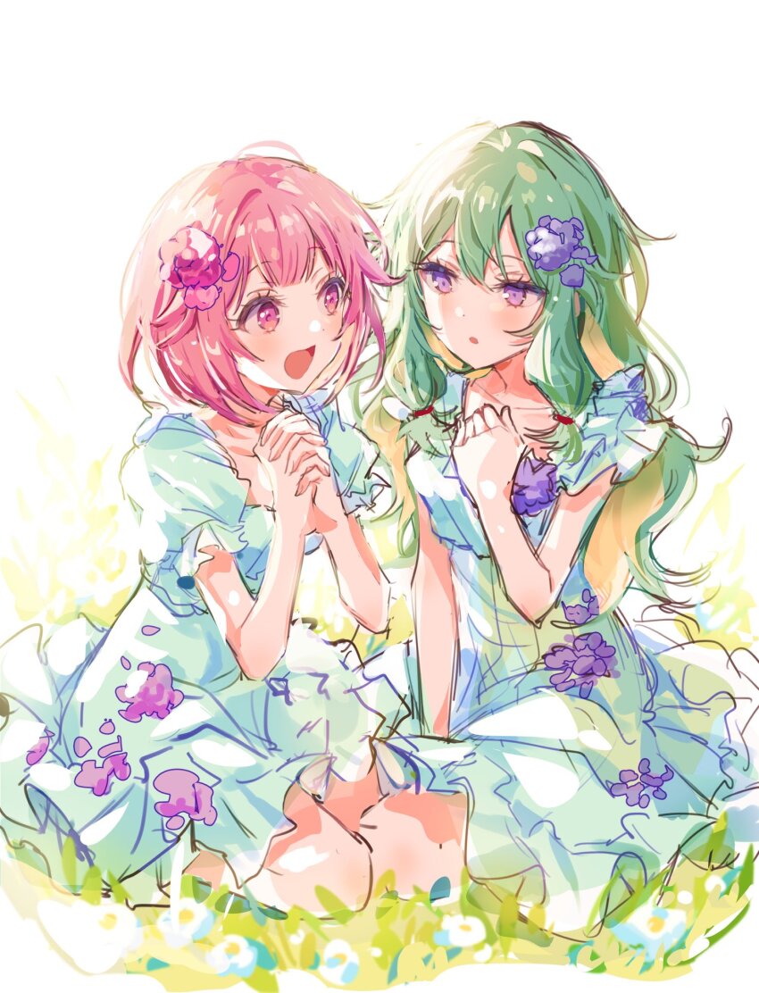 2girls :d aqua_dress arm_between_legs collarbone commentary dress dress_flower eye_contact flower frilled_dress frilled_sleeves frills green_hair hair_between_eyes hair_flower hair_ornament hand_up hands_up highres interlocked_fingers kanon_25ji kusanagi_nene light_blush long_hair looking_at_another low-tied_sidelocks multiple_girls on_grass ootori_emu open_mouth own_hands_clasped own_hands_together parted_lips pink_eyes pink_flower pink_hair project_sekai puffy_short_sleeves puffy_sleeves purple_eyes purple_flower seiza short_hair short_sleeves side-by-side sidelocks sitting smile symbol-only_commentary wavy_hair white_flower