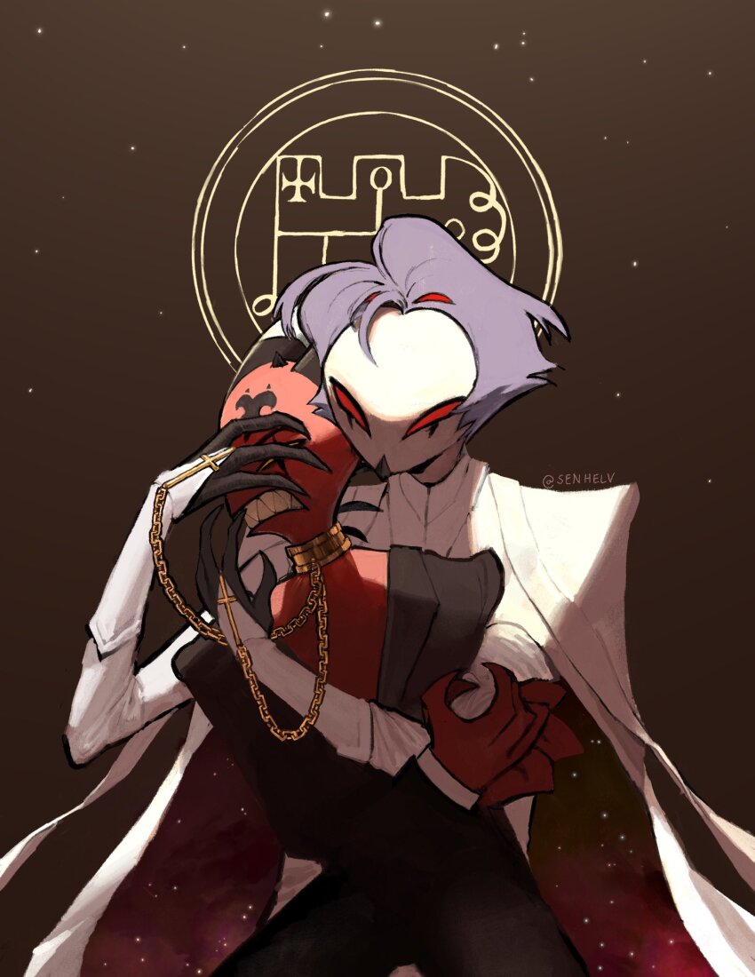2boys bird_boy blitzo_(helluva_boss) chain chain_leash colored_skin demon_boy demon_horns extra_eyes formal_clothes helluva_boss highres horns leash multiple_boys red_eyes red_skin senhelv stolas_(helluva_boss)
