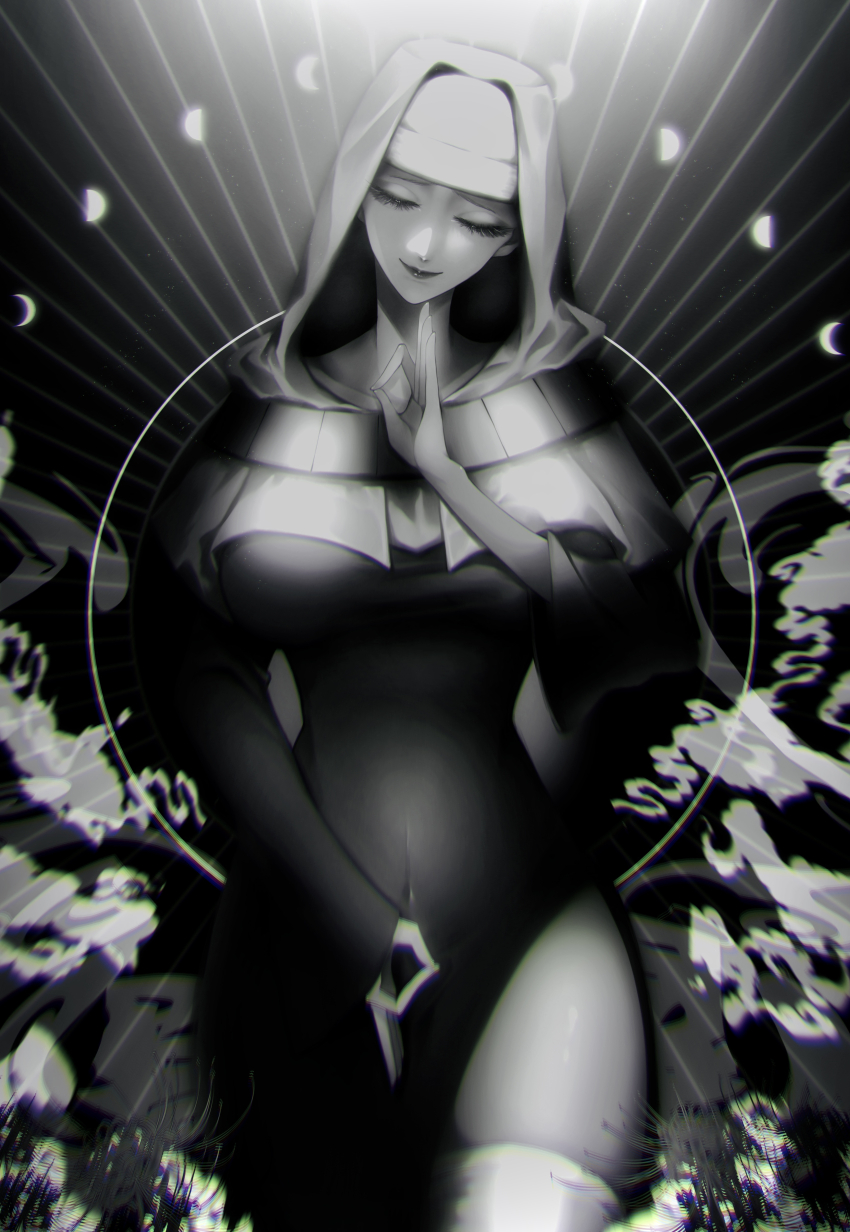1girl absurdres breasts buddhist_nun coif crescent_moon dress fate/grand_order fate_(series) greyscale highres large_breasts monochrome moon mudra nakai111 nun sessyoin_kiara side_slit solo thighhighs vitarka_mudra white_dress white_thighhighs