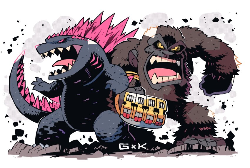 absurdres animal ape b.e.a.s.t._glove bioluminescence claws crossover dinosaur elbow_spikes electroshock_weapon fangs gauntlets giant giant_monster gills glowing godzilla godzilla_(monsterverse) godzilla_(series) godzilla_evolved godzilla_x_kong:_the_new_empire gorilla highres jaw kaiju king_kong king_kong_(series) kong_(monsterverse) legendary_pictures long_tail mixed-language_commentary monster monsterverse muscular no_humans open_mouth oversized_animal rariatto_(ganguri) reptile reptilian scales sharp_teeth spiked_tail spines tail teeth toho weapon