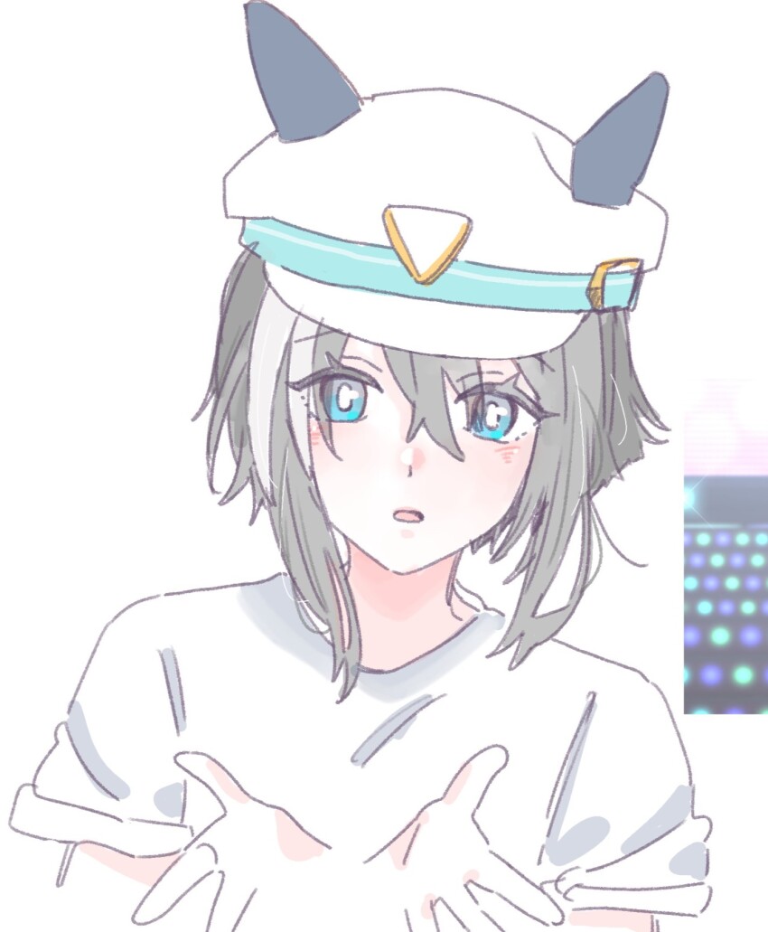 1girl blue_eyes blush brown_hair cheval_grand_(umamusume) ears_through_headwear grey_hair hair_between_eyes hands_up hat highres looking_at_viewer multicolored_hair parted_lips peaked_cap seila_rei shirt short_sleeves simple_background solo streaked_hair umamusume upper_body white_background white_hat white_shirt