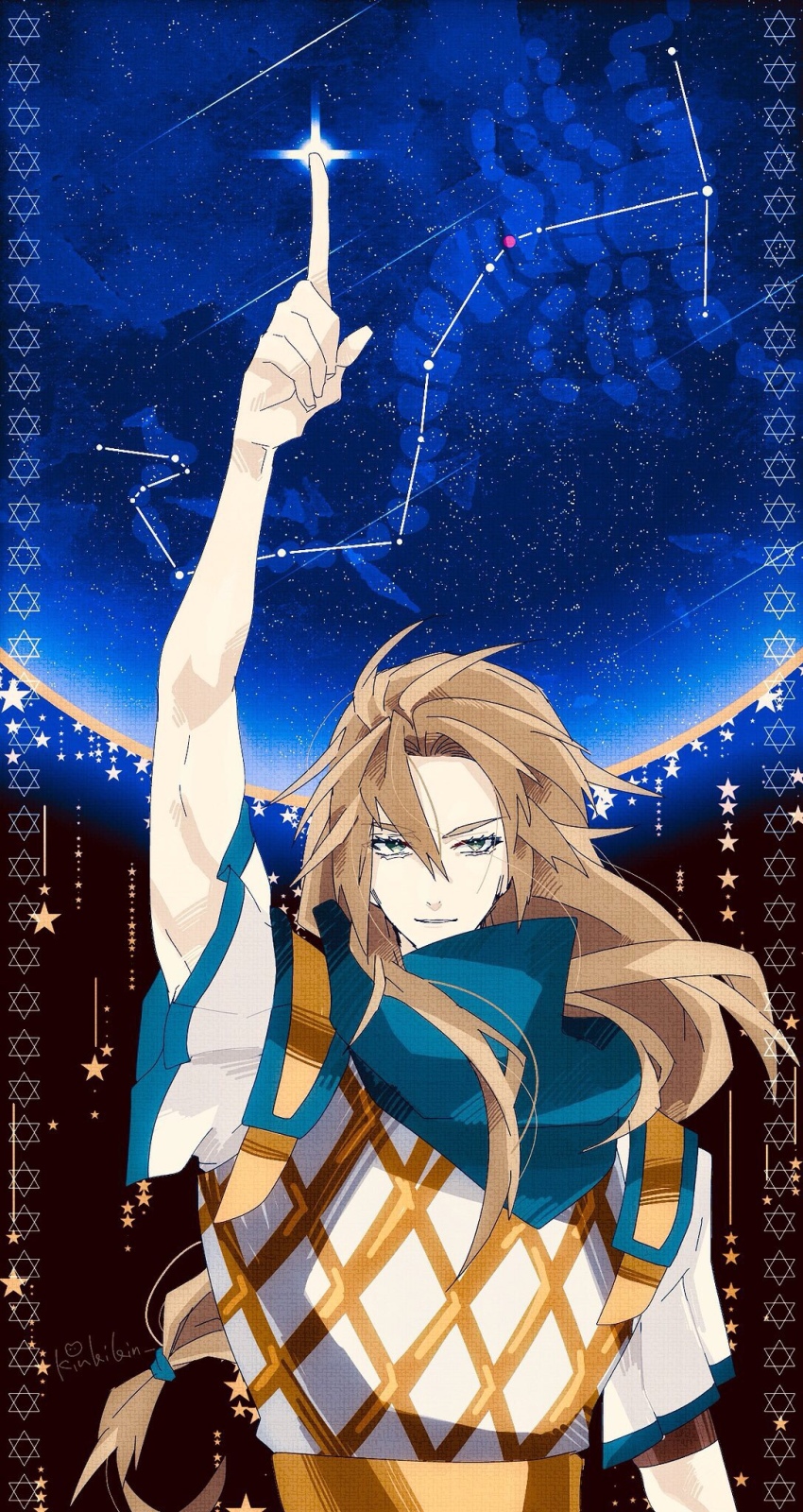 1boy arm_up armor blue_scarf chiron_(fate) constellation curtained_hair fate/apocrypha fate/grand_order fate_(series) green_eyes hexagram highres index_finger_raised long_hair looking_at_viewer low-tied_long_hair male_focus parted_lips scarf scorpio_(zodiac) scorpius_(constellation) shio_(soleil) short_sleeves sky smile solo star_(sky) star_(symbol) starry_sky straight-on tunic upper_body white_tunic zodiac