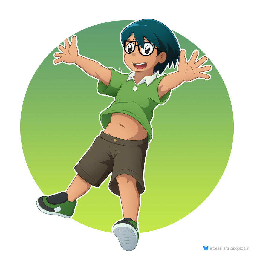 1boy black_eyes border brown_shorts child collared_shirt glasses gradient_background green_background green_hair green_shirt green_shoes happy highres max_(pokemon) navel nintendo outstretched_arms pokemon pokemon_(anime) pokemon_rse_(anime) shirt shoes short_sleeves shorts solo th3dm0n white_border