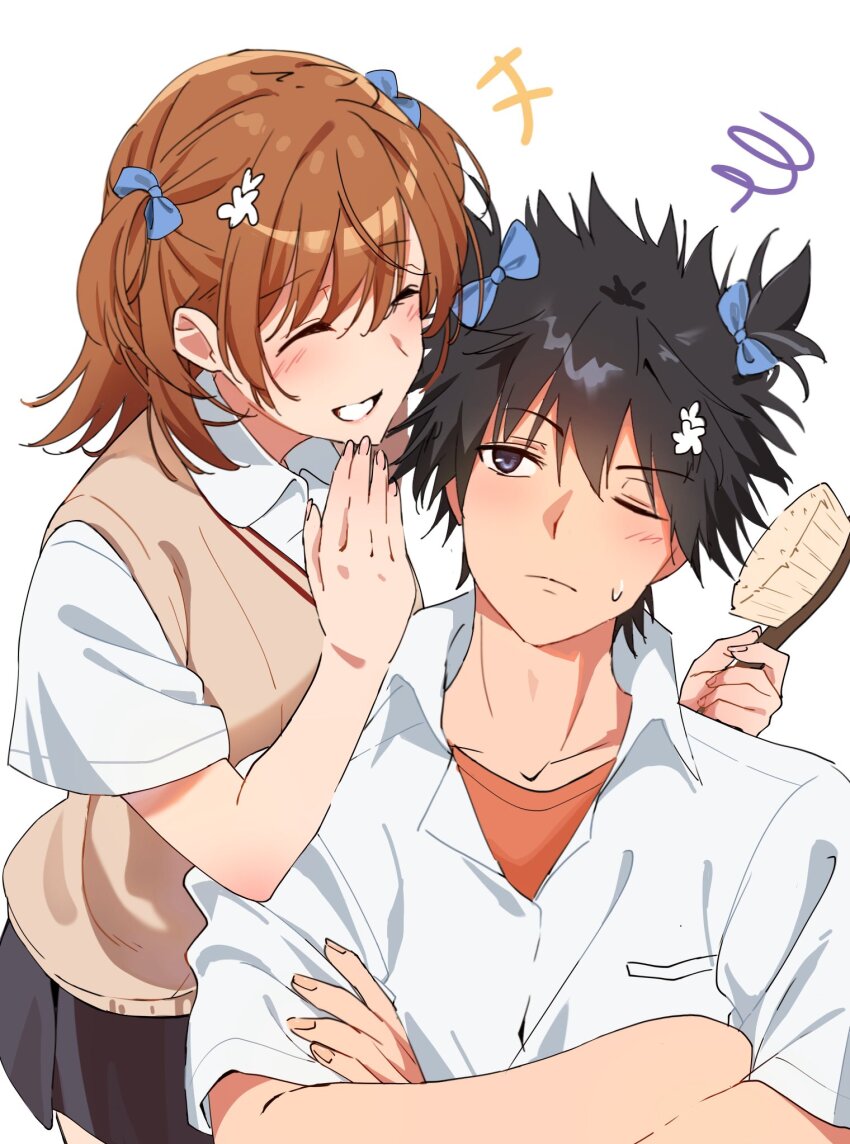 1boy 1girl alternate_hairstyle black_hair blue_bow bow brown_hair brown_sweater_vest closed_eyes collared_shirt commentary crossed_arms english_commentary grey_skirt hair_bow hair_brush hair_ornament hairdressing hairpin harumi61 highres kamijou_touma laughing matching_hairstyle medium_hair miniskirt misaka_mikoto one_eye_closed pleated_skirt school_uniform shirt short_hair short_sleeves skirt spiked_hair summer_uniform sweatdrop sweater_vest toaru_majutsu_no_index tokiwadai_school_uniform two_side_up v-neck white_background white_shirt