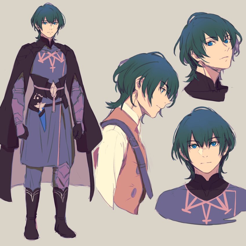 1boy armor belt black_armor black_belt black_boots black_cape black_gloves black_robe blue_eyes boots brown_vest cape chest_belt clenched_hands collared_shirt commentary_request cropped_shoulders cropped_torso dagger eorinamo fire_emblem fire_emblem:_three_houses full_body gloves gorget green_hair grey_background hair_between_eyes highres holstered knife korean_commentary looking_to_the_side male_byleth_(fire_emblem) male_focus nintendo parted_hair robe shirt sideways_glance simple_background standing two-sided_cape two-sided_fabric vest weapon white_shirt wolf_cut