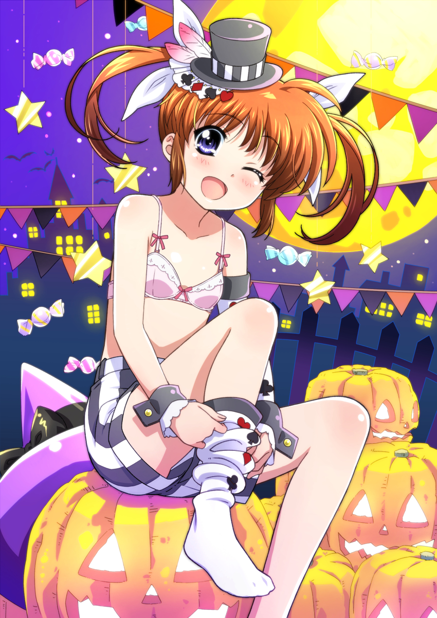 1girl absurdres adjusting_clothes adjusting_legwear bat_(animal) black_hat black_shorts blue_eyes bow bow_bra bra brown_hair candy commentary flat_chest food full_moon hair_ribbon halloween halloween_costume hat highres jack-o&#039;-lantern knee_up looking_at_viewer lyrical_nanoha lyrical_store mahou_shoujo_lyrical_nanoha medium_hair mini_hat mini_top_hat miyajima_hitoshi moon night night_sky one_eye_closed open_mouth pink_bra ribbon short_shorts shorts sitting sky smile socks solo star_(symbol) string_of_flags striped_clothes striped_shorts takamachi_nanoha tilted_headwear top_hat twintails underwear vertical-striped_clothes vertical-striped_shorts white_ribbon white_socks witch_hat wrist_cuffs