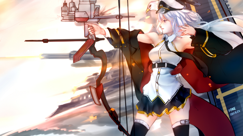 1girl azur_lane bare_shoulders belt bird black_coat bow_(weapon) breasts coat cowboy_shot eagle enterprise_(azur_lane) female_focus hair_between_eyes hat holding holding_bow_(weapon) holding_weapon long_hair medium_breasts miniskirt necktie peaked_cap pleated_skirt purple_eyes shirt silver_hair skirt sleeveless sleeveless_shirt solo thighhighs uss_enterprise_(cv-6) weapon