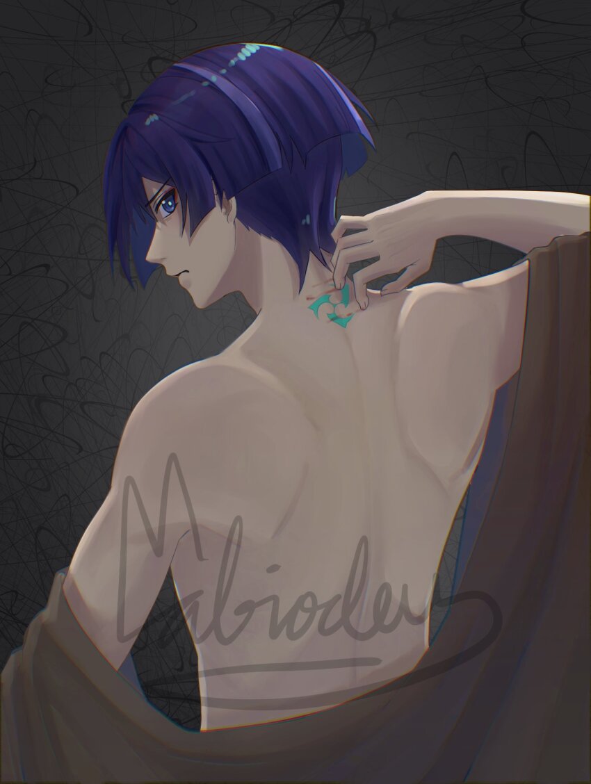 1boy abiodeu arm_at_side arm_behind_head bare_back bare_shoulders birthmark blunt_ends bright_pupils brown_kimono closed_mouth clothes_down electro_symbol_(genshin_impact) eyeliner eyeshadow fingernails from_behind genshin_impact grey_background highres japanese_clothes kimono looking_at_viewer looking_back makeup male_focus median_furrow mitsudomoe_(shape) multicolored_hair purple_eyes purple_hair red_eyeliner red_eyeshadow scaramouche_(genshin_impact) scratches shoulder_blades signature simple_background solo streaked_hair tomoe_(symbol) tsurime wanderer_(genshin_impact) watermark white_pupils