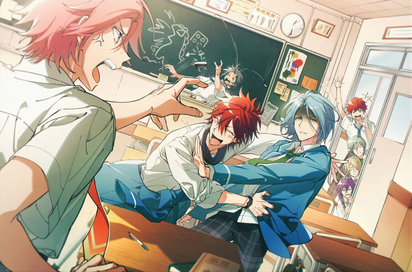 &gt;_&lt; +++ 6+boys :d absurdres alkaloid_(ensemble_stars!) amagi_hiiro amagi_rinne analog_clock anger_vein angry annoyed arm_up ayase_mayoi bead_bracelet beads blazer blonde_hair blue_hair blue_jacket blue_necktie blush blush_stickers board_eraser book bracelet braid braided_ponytail buttons chair chalk chalkboard classroom clock closed_eyes clothes_around_waist collared_shirt commentary_request crazy_b_(ensemble_stars!) crying desk door drawing dutch_angle earrings ensemble_stars! falling frown green_necktie grey_hair grey_pants hair_between_eyes hair_over_shoulder highres himeru_(ensemble_stars!) hug indoors jacket jacket_around_waist jewelry kazehaya_tatsumi lapels long_hair looking_at_another male_focus mochiko_(zy) motion_lines multiple_boys necktie open_clothes open_jacket open_mouth oukawa_kohaku pants paper parted_bangs parted_lips pen pink_hair plaid_clothes plaid_pants ponytail purple_eyes purple_hair pushing_away raised_eyebrows red_hair red_necktie school school_desk school_uniform shaded_face shadow sharp_teeth shiina_niki shiratori_aira_(ensemble_stars!) shirt shirt_tucked_in short_hair short_sleeves smile streaming_tears sweatdrop tears teeth throwing tongue upper_teeth_only v-shaped_eyebrows watch waving white_shirt wing_collar wristwatch yellow_eyes yumenosaki_school_uniform