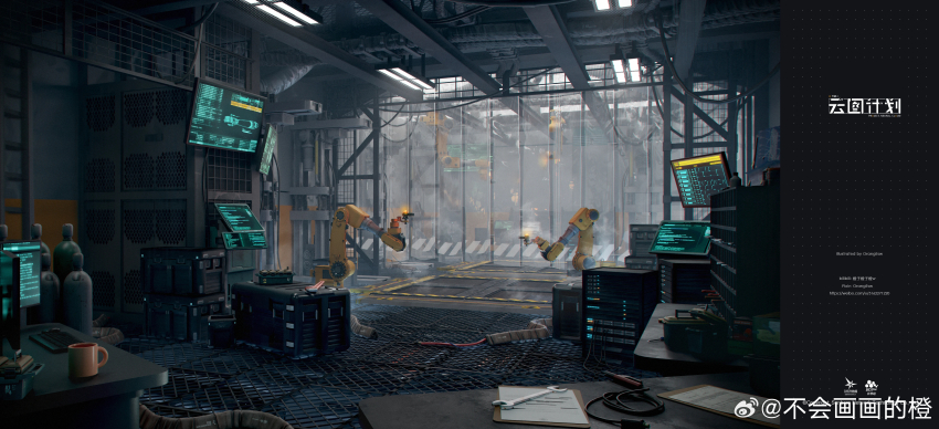absurdres artist_name bilibili_username box chinese_commentary clipboard copyright_name copyright_notice crate cube factory girls&#039;_frontline girls&#039;_frontline_neural_cloud glass highres indoors mechanical_arms monitor no_humans official_art orangesw_(yenv5574) pixiv_username production_line scenery watermark web_address weibo_username weibo_watermark wrench