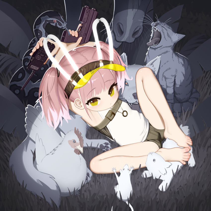1girl absurdres animal_ears animal_request armpits arms_up barefoot baseball_cap bird black_shorts blush cat chicken closed_mouth cromachina fake_animal_ears flat_chest full_body girls&#039;_frontline girls&#039;_frontline_neural_cloud gun handgun hat highres holding holding_gun holding_walkie-talkie holding_weapon horse looking_at_viewer mouse_(animal) pink_hair rabbit_ears shirt short_hair short_shorts shorts sleeveless sleeveless_shirt snake solo spread_legs taisch_(neural_cloud) toes twintails walkie-talkie weapon white_shirt yellow_eyes