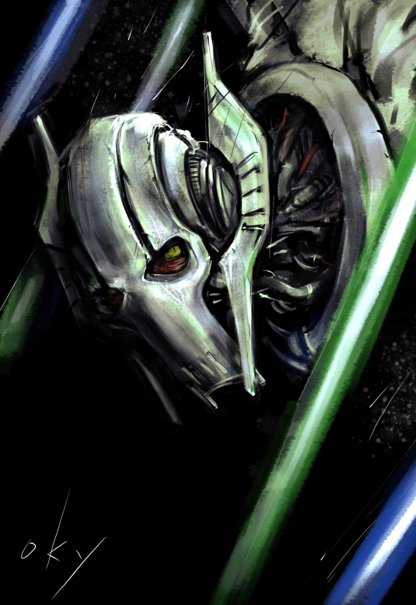 1boy alien artist_name black_background cyborg energy_sword general_grievous helmet highres lightsaber looking_to_the_side male_focus okayu_(okayumainichi) portrait science_fiction solo star_wars star_wars:_revenge_of_the_sith sword weapon yellow_eyes