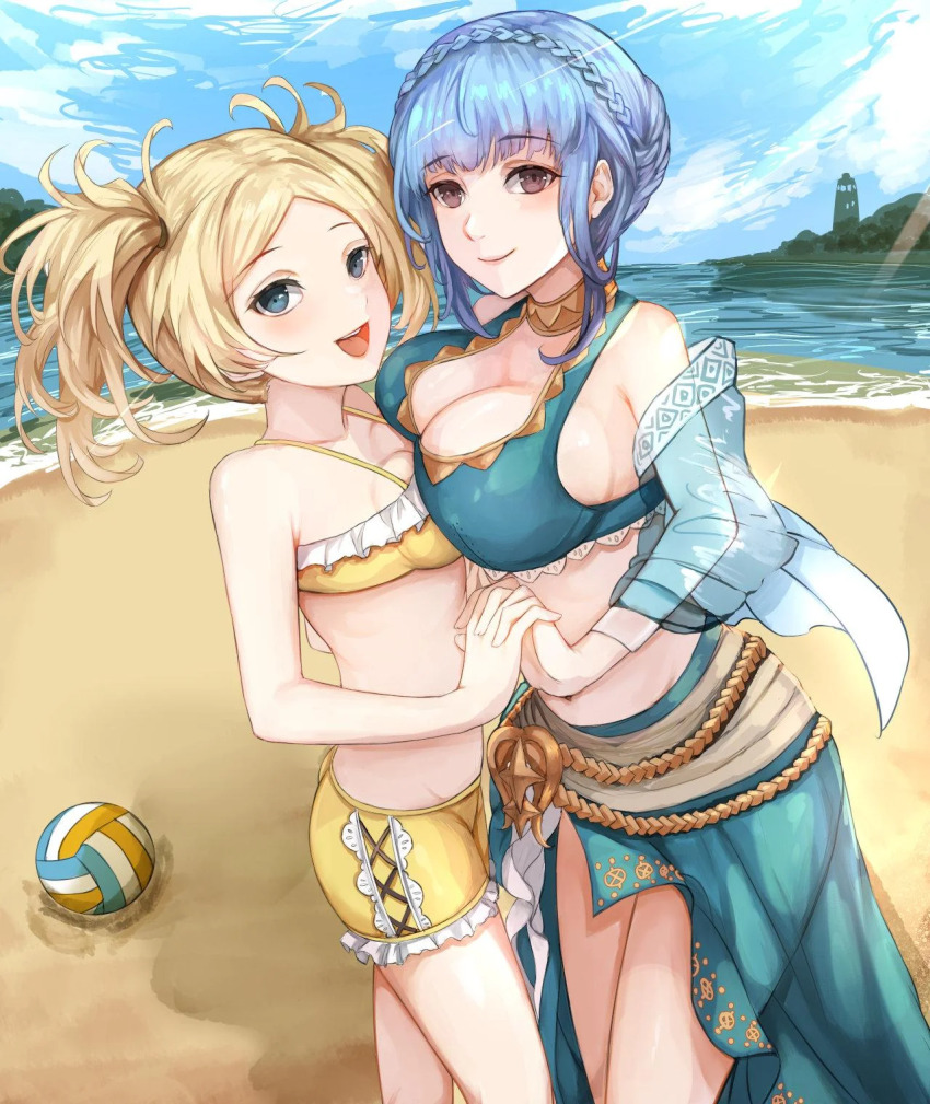 2girls :d alternate_costume asymmetrical_docking ball beach bikini bikini_shorts blonde_hair blue_bikini blue_eyes blue_hair blue_jacket blue_sky braid breast_press breasts brown_eyes cloud commentary commission cowboy_shot crown_braid day fire_emblem fire_emblem:_three_houses fire_emblem_awakening highres holding_hands jacket large_breasts lissa_(fire_emblem) long_sleeves looking_at_viewer marianne_von_edmund multiple_girls navel nintendo nui_gurumi ocean official_alternate_costume open_mouth sarong short_hair short_shorts shorts sky small_breasts smile standing stomach swimsuit thighs twintails volleyball_(object) water yellow_bikini yellow_shorts