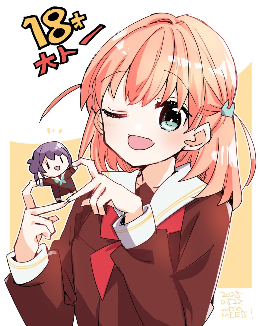 1girl :d ;d border brown_dress cerise_bouquet character_age character_doll commentary_request doll dress hair_bun hair_intakes hair_ornament hasu_no_sora_school_uniform highres hinoshita_kaho holding holding_doll kanduki_kamibukuro link!_like!_love_live! long_hair long_sleeves looking_at_viewer love_live! medium_hair neckerchief notice_lines one_eye_closed open_mouth orange_hair otomune_kozue outside_border rabbit_hair_ornament red_neckerchief sailor_collar sailor_dress school_uniform side_ponytail sidelocks simple_background single_side_bun smile solo two_side_up virtual_youtuber white_border white_sailor_collar winter_uniform yellow_background |_|