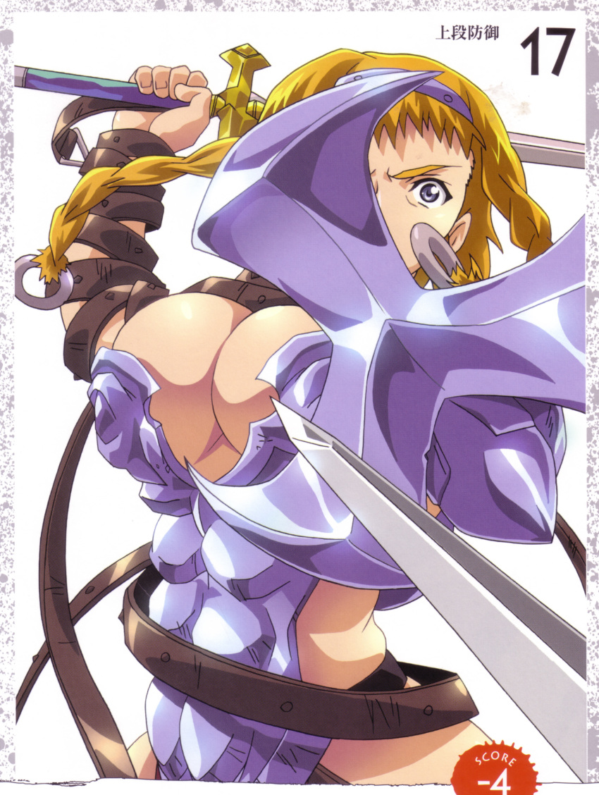1girl abs absurdres armor artbook back bikini_armor blonde_hair blush boots braid breasts buckle cleavage cleavage_cutout clothing_cutout curvy exiled_warrior_leina female_focus fighting hairband highres hisayuki_hirokazu large_breasts leina_(queen&#039;s_blade) looking_at_viewer official_art partially_visible_vulva queen&#039;s_blade queen&#039;s_blade_lost_worlds revealing_clothes scan shield shiny_skin solo spread_legs sweat sword thong weapon