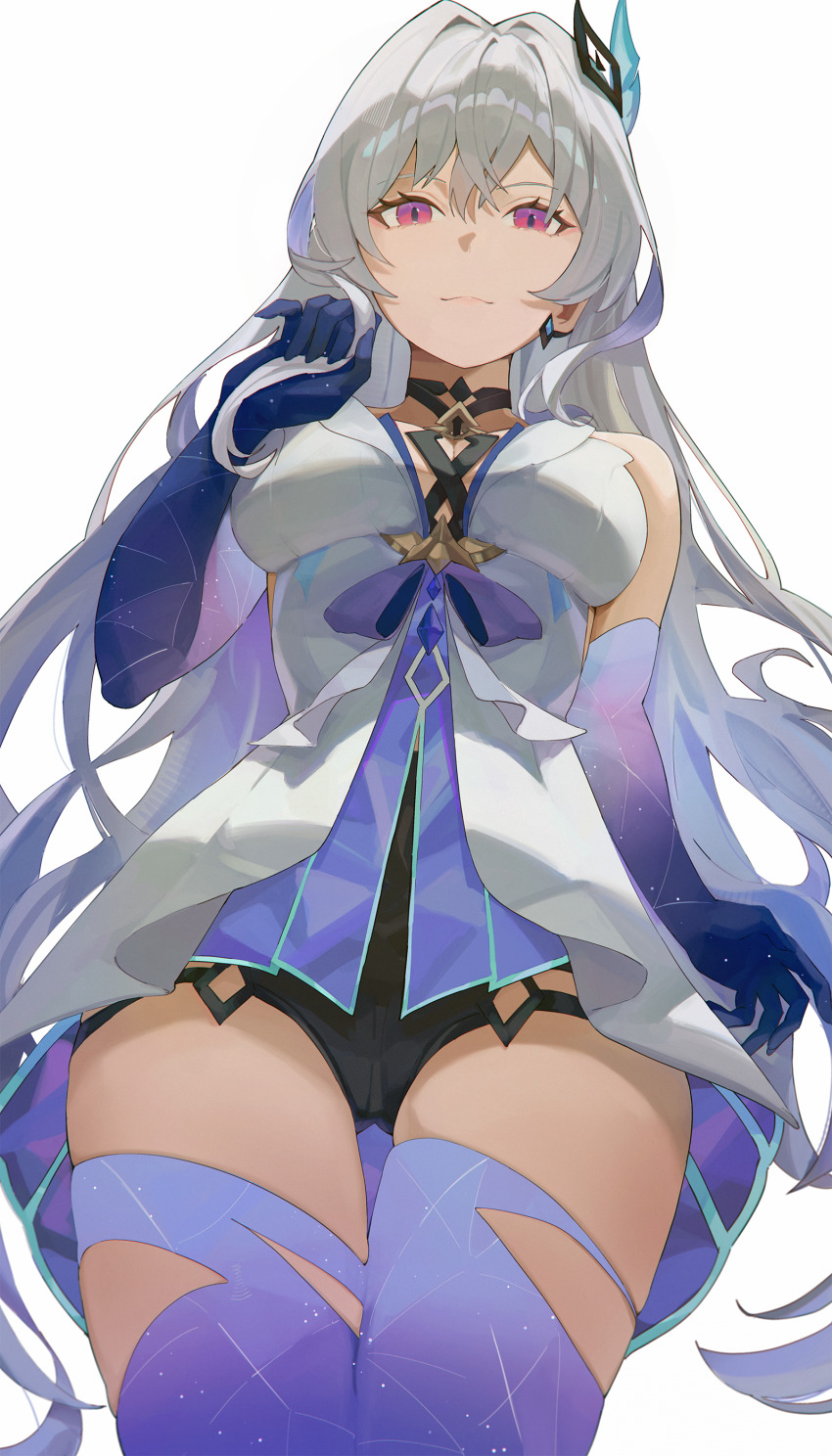 1girl absurdres breasts dress genshin_impact grey_hair hair_ornament hiemal_(winter_crow) highres long_hair looking_at_viewer red_eyes simple_background skirk_(genshin_impact) solo very_long_hair white_background