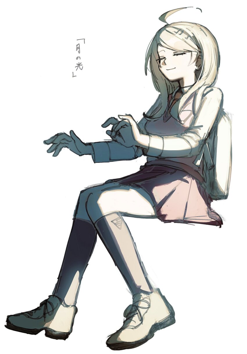 1girl ahoge akamatsu_kaede backpack bag blonde_hair closed_eyes closed_mouth collared_shirt danganronpa_(series) danganronpa_v3:_killing_harmony full_body highres invisible_chair kneehighs long_hair long_sleeves ni_22 pink_skirt shirt shoes simple_background sitting skirt socks solo sweater_vest translation_request white_background