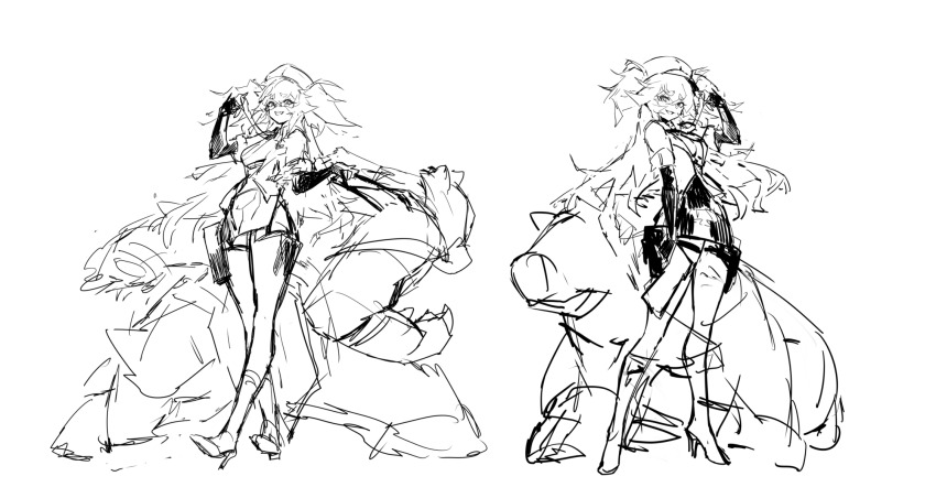 1girl bear black_gloves boots breasts concept_art elbow_gloves fingerless_gloves florence_(girls&#039;_frontline_2) full_body girls&#039;_frontline girls&#039;_frontline_2:_exilium gloves hair_between_eyes hat high_heel_boots high_heels highres long_hair pa-15_(girls&#039;_frontline) pantyhose shanyao_jiang_tororo sketch small_breasts standing very_long_hair