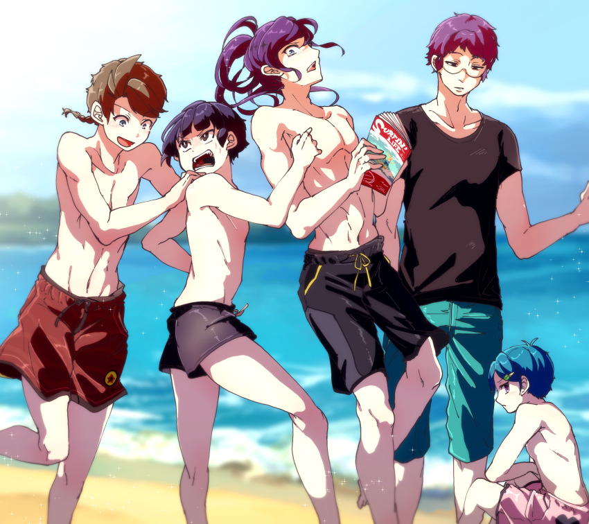 5boys aqua_pants artist_name beach black_eyes black_male_swimwear black_shirt blue_eyes blue_hair braid bright_pupils brown_hair commentary_request day employee_(project_moon) english_text frog_hair_ornament hair_ornament hand_on_another&#039;s_shoulder highres hinamikan holding holding_magazine lobotomy_corporation long_hair magazine_(object) male_swimwear multiple_boys navel no_nipples nugget_(project_moon) open_mouth original outdoors pants pink_male_swimwear ponytail project_moon purple_eyes purple_hair red_male_swimwear shirt short_hair short_sleeves sitting smile sparkle sweat swim_trunks t-shirt toned topless_male white_pupils