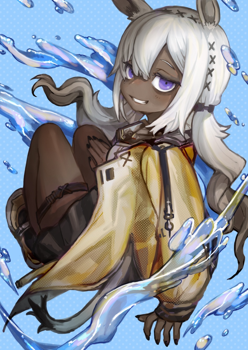 1girl absurdres animal_ears arknights bags_under_eyes black_dress black_nails camel_ears camel_girl camel_tail coat commentary_request dark-skinned_female dark_skin dido_(di_do_di_do) dress fingernails grey_hair hair_between_eyes highres jacket long_fingernails long_hair long_sleeves looking_at_viewer looking_back low_twintails parted_lips purple_eyes smile solo thigh_strap tuye_(arknights) twintails water yellow_coat yellow_jacket