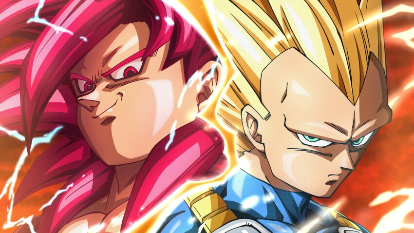 2boys armor blonde_hair blue_bodysuit body_fur bodysuit dragon_ball dragon_ball_daima green_eyes highres long_hair male_focus multiple_boys muscular muscular_male no_eyebrows red_eyes red_fur red_hair saiyan_armor signature son_goku spiked_hair super_saiyan super_saiyan_3 super_saiyan_4 topless_male vegeta white_armor yuyu09010316
