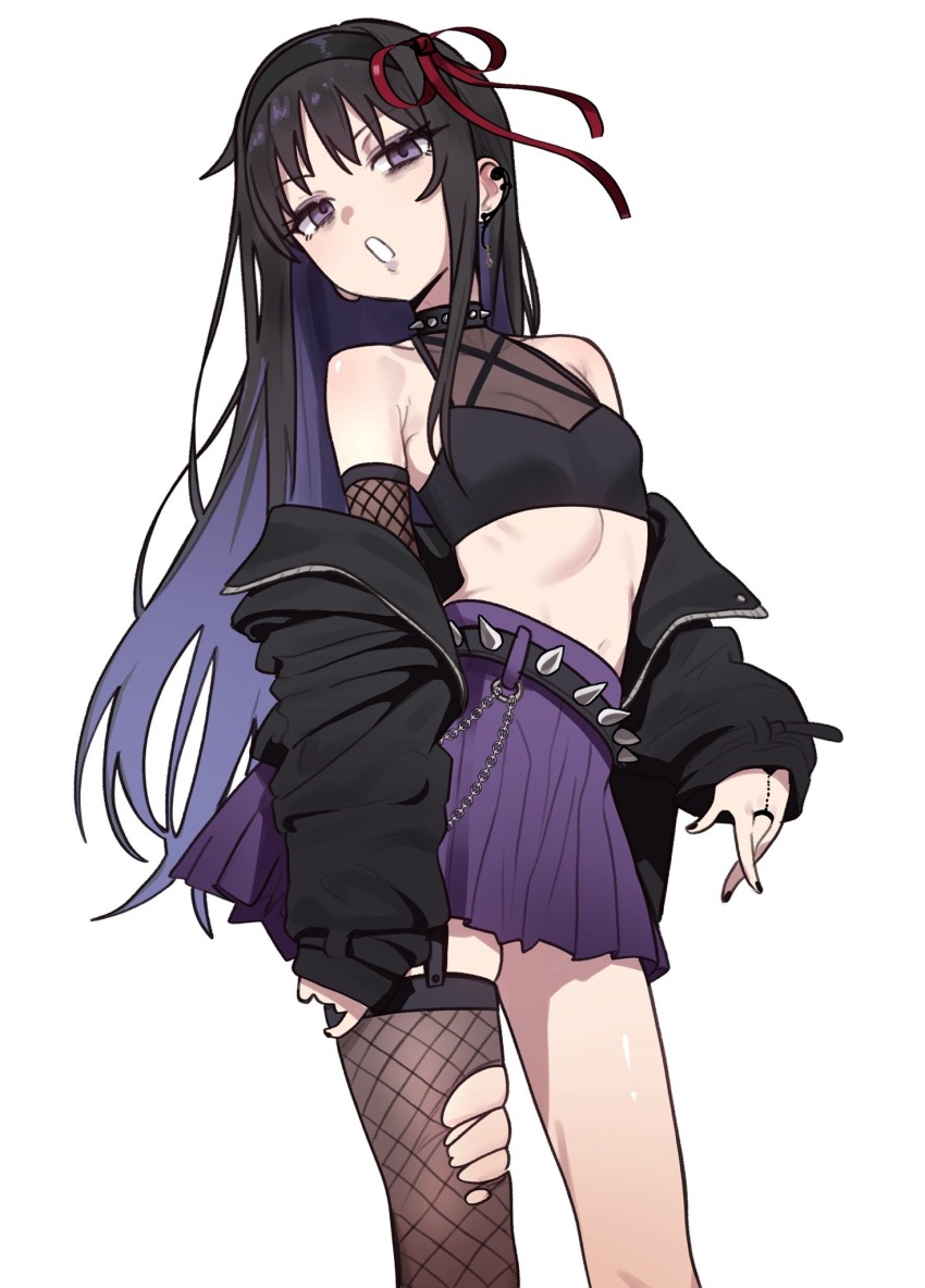 1girl akemi_homura bare_shoulders black_hair black_nails breasts collar ebora hair_ribbon hairband highres long_hair long_sleeves looking_at_viewer mahou_shoujo_madoka_magica midriff multicolored_hair open_mouth purple_eyes purple_hair red_ribbon ribbon single_thighhigh skindentation skirt small_breasts solo spiked_belt spiked_collar spikes thighhighs torn_clothes torn_thighhighs two-tone_hair white_hairband
