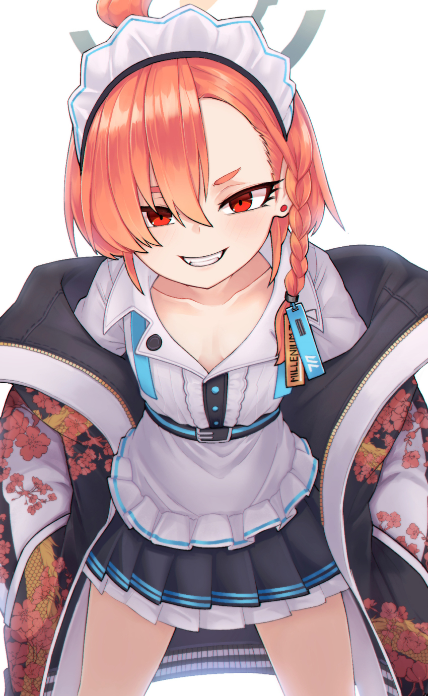 1girl ahoge asymmetrical_bangs belt blue_archive braid breasts breasts_apart center_frills collarbone cowboy_shot downblouse earrings frills grin halo hands_in_pockets highres jacket jacy jewelry layered_skirt leaning_forward long_hair long_sleeves looking_at_viewer maid_headdress miniskirt neru_(blue_archive) off_shoulder orange_hair pleated_skirt red_eyes shirt simple_background single_braid skirt small_breasts smile solo stud_earrings sukajan white_background white_shirt