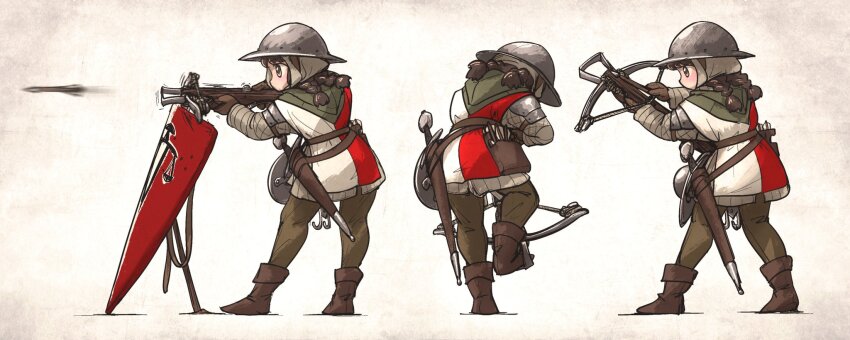 1girl aiming armor belt boots bow_(weapon) braid brown_boots brown_eyes brown_gloves brown_hair buckler coat coif commentary crossbow crossbow_bolt dress english_commentary facing_away firing full_body gambeson gloves helmet highres holding holding_crossbow holding_weapon ironlily kettle_helm kite_shield long_hair long_sleeves looking_to_the_side medieval multiple_views ordo_mediare_sisters_(ironlily) profile quiver reloading scabbard sheath sheathed shield simple_background standing standing_on_one_leg surcoat sword twin_braids twin_braids_sister_(ironlily) weapon