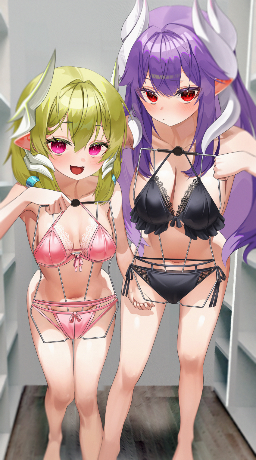 2girls absurdres armpits bare_shoulders bikini black_bikini breasts closed_mouth clothes_hanger commission dragon_horns front-tie_bikini_top front-tie_top gimseol green_hair highres holding holding_clothes_hanger horns lace lace-trimmed_bikini lace_trim long_hair looking_at_viewer multiple_girls navel nude open_mouth original pink_bikini pointy_ears purple_hair red_eyes side-tie_bikini_bottom small_breasts smile stomach string_bikini swimsuit thighs
