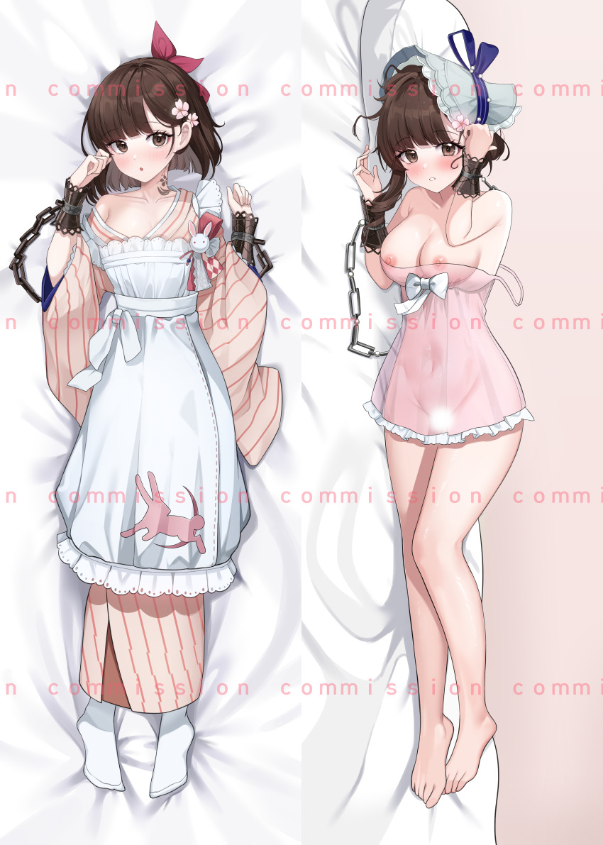 1girl :o absurdres apron babydoll bare_legs bare_shoulders barefoot bed_sheet blank_censor blue_bow blue_hat blush bob_cut bonnet bow breasts brown_eyes brown_hair censored chain cherry_blossoms commission cuffs dakimakura_(medium) flower frilled_apron frills from_above full_body hair_bow hair_flower hair_ornament hands_up hat hat_bow highres japanese_clothes kimono looking_at_viewer lying maid medium_breasts multiple_views navel neck_tattoo nipples no_shoes on_back on_side parted_lips pillow pink_babydoll pink_flower pink_kimono pinstripe_kimono pinstripe_pattern rabbit_ornament red_bow reverse:1999 satsuki_(reverse:1999) see-through_clothes see-through_babydoll single_bare_shoulder single_off_shoulder socks spaghetti_strap strap_slip striped_clothes striped_kimono suisen_(suisenhwa) tattoo vertical-striped_clothes vertical-striped_kimono wa_maid watermark watermark_grid white_apron white_bow white_socks wide_sleeves