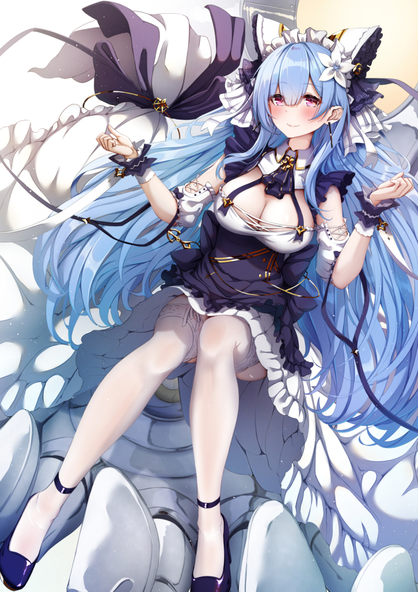 1girl alternate_costume animal_ears apron ascot azur_lane blue_hair breasts cheshire_(azur_lane) cheshire_(azur_lane)_(cosplay) cleavage cosplay detached_sleeves enmaided fake_animal_ears flower frilled_hairband frills full_body garter_straps hair_flower hair_ornament hair_spread_out hairband highres imo_bouya lace lace-trimmed_thighhighs lace_trim large_breasts long_hair long_ribbon looking_at_viewer maid maid_headdress puffy_detached_sleeves puffy_sleeves purple_apron purple_ascot purple_eyes purple_footwear solo thighhighs very_long_hair voroshilov_(azur_lane) white_flower white_garter_straps white_thighhighs