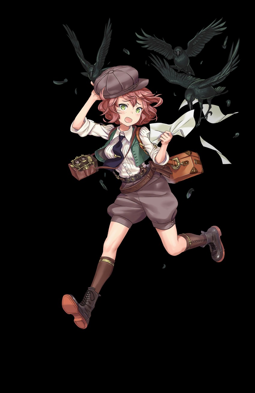 1girl :o belt belt_pouch bird black_boots black_necktie boots brown_hat brown_legwear camera cathy_higgins crow feathers female_focus freckles full_body green_eyes green_vest hat highres holding holding_unworn_clothes holding_unworn_hat lace-up_boots looking_at_viewer medium_hair necktie official_art papers pouch princess_principal princess_principal_game_of_mission red_hair running shorts solo suspenders teardrop transparent_background twin-lens_reflex_camera unworn_hat unworn_headwear vest watch wristwatch