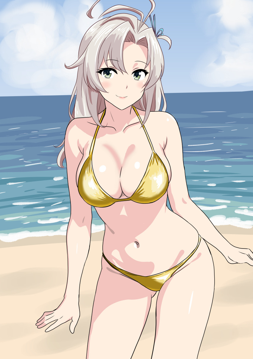 1girl absurdres antenna_hair beach bikini blue_sky bone_namu(namu49850) breasts cleavage cloud commentary_request day gold_bikini green_eyes grey_hair highres horizon kantai_collection kinugasa_(kancolle) kinugasa_kai_ni_(kancolle) long_hair looking_at_viewer medium_breasts navel ocean outdoors sky solo standing swimsuit